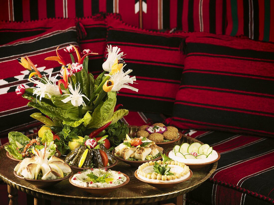 A rich selection of mezze on a table