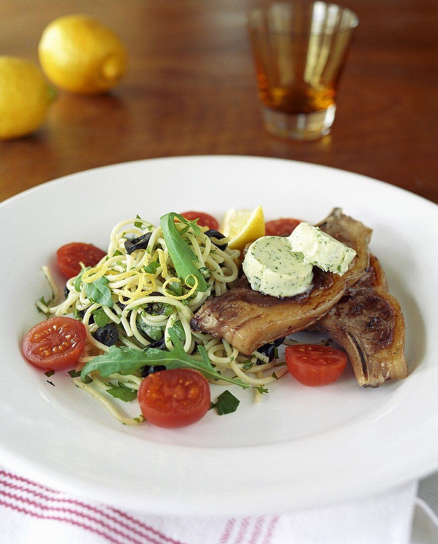 Fried belly pork with herb butter and spaghetti