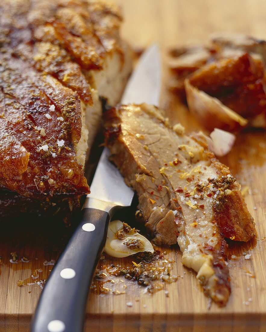 Roast pork with crackling and seasoning