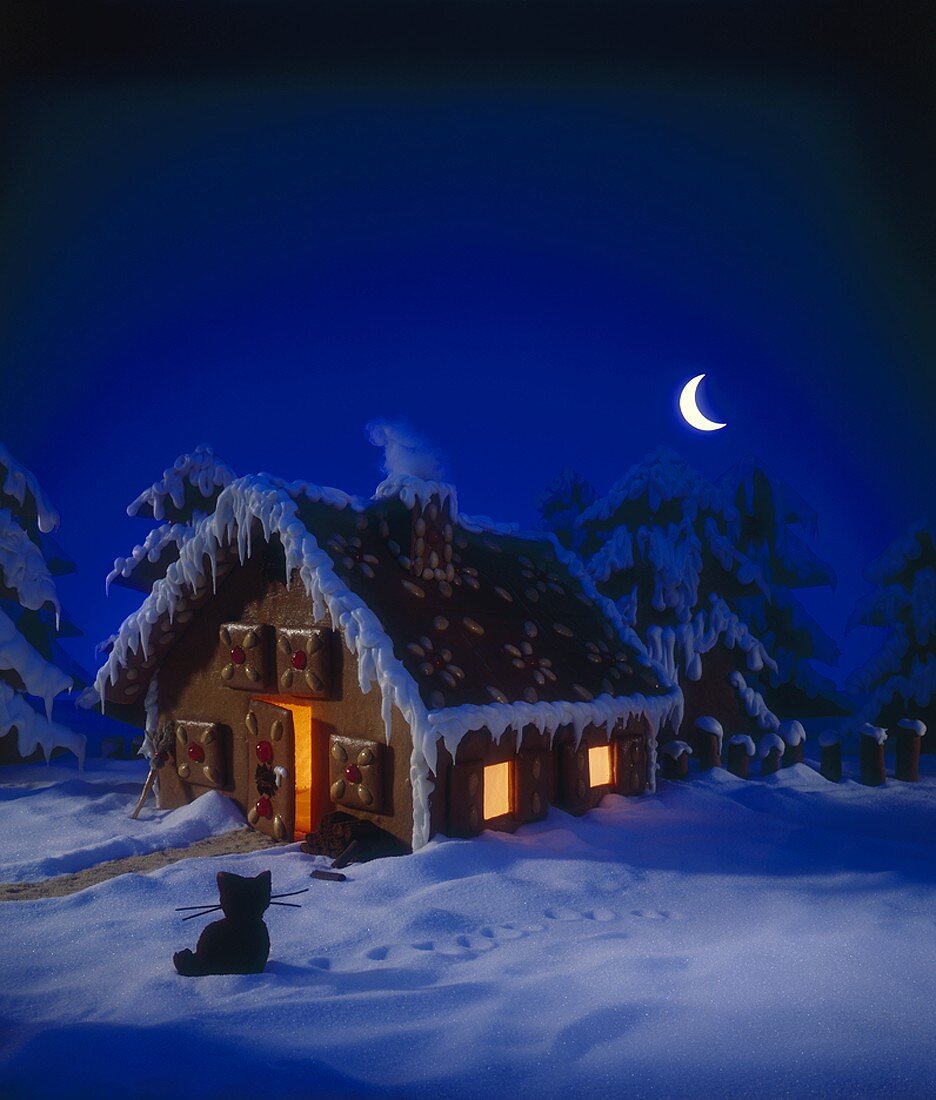 Illuminated gingerbread house in wintry landscape