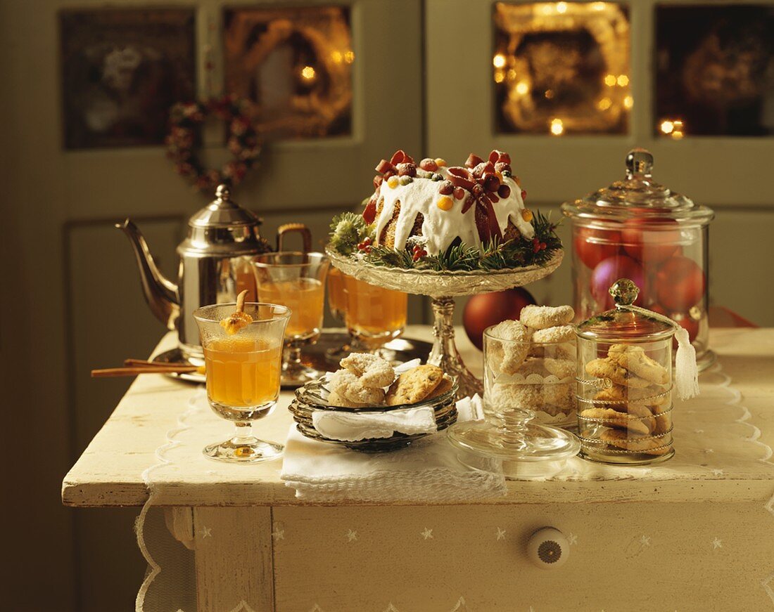 Winter buffet of apple punch, cakes and biscuits