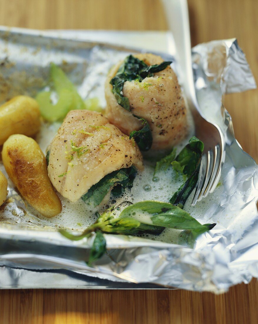 Charr rolls with basil in celery and lime sauce