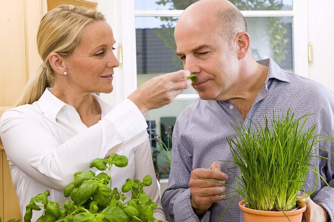 A couple examining fresh herbs