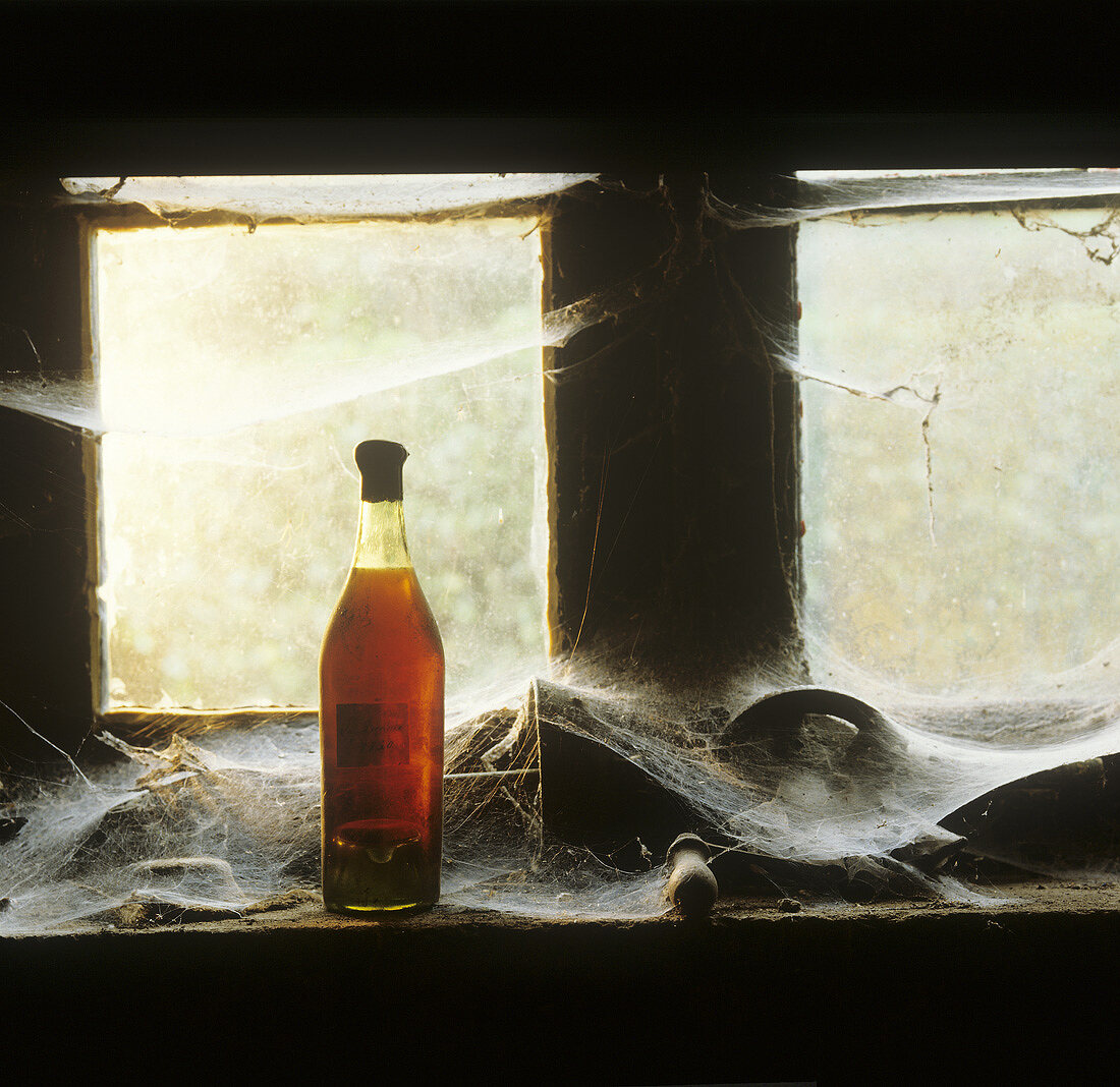An old cognac bottle in front of a dirty window