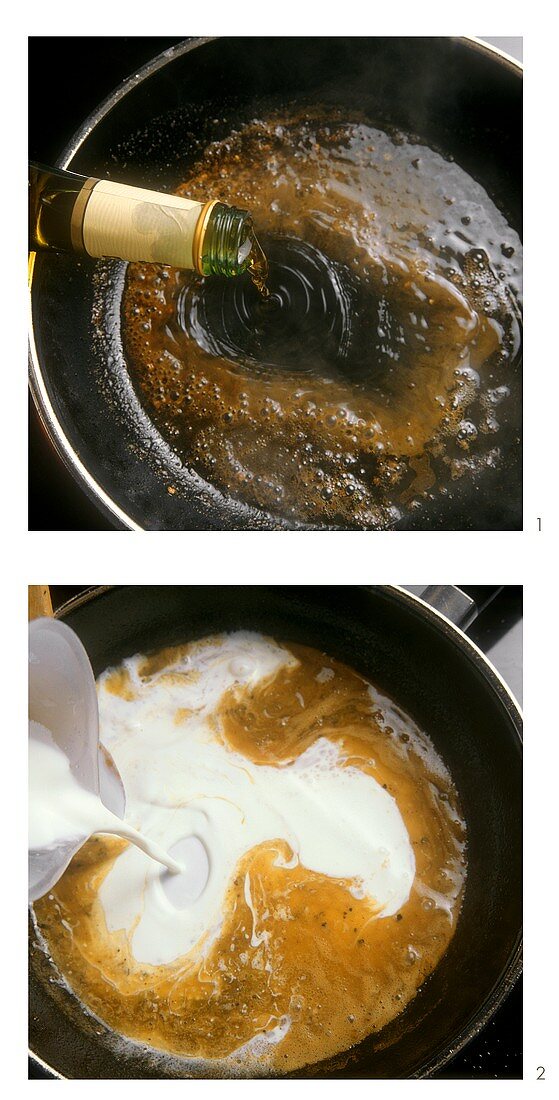 Making cream sauce with cognac for French peppered steak