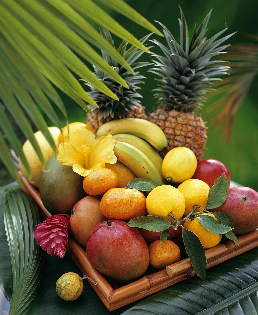 Exotic fruit on bamboo tray