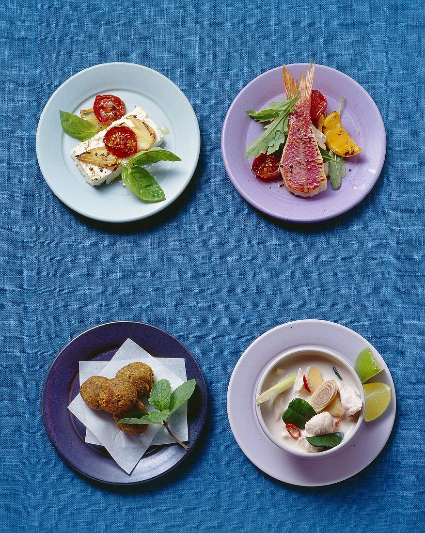 International snacks: sheep's cheese, red mullet, falafel, coconut soup