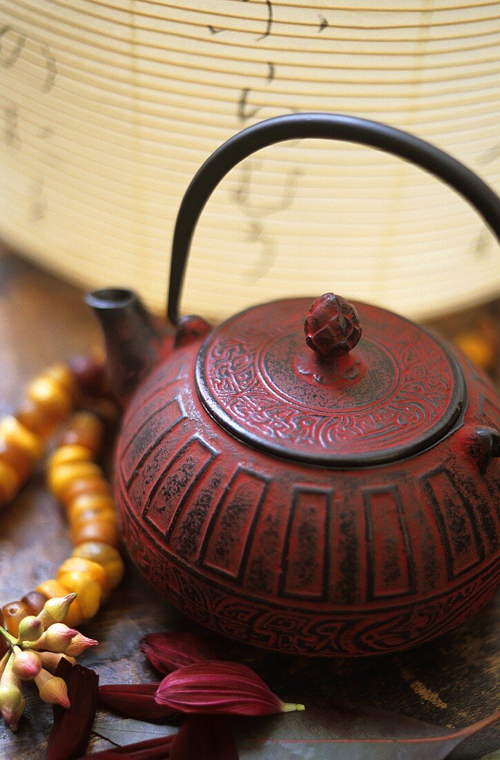Asian red cast-iron teapot