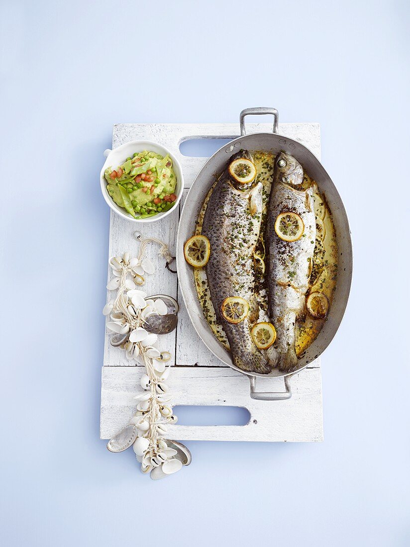 Trout with pea guacamole