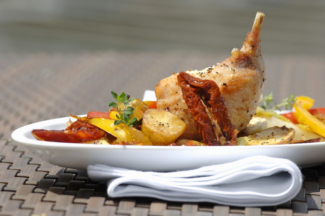 Braised rabbit leg with Mediterranean vegetables