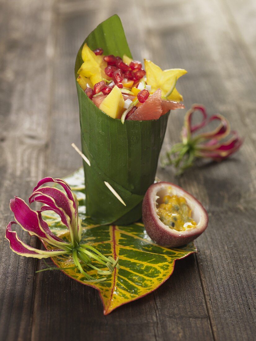Caribbean fruit salad wrapped in a banana leaf