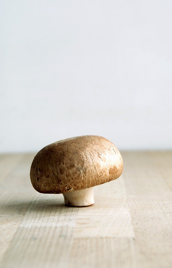 A chestnut mushroom on a wooden surface
