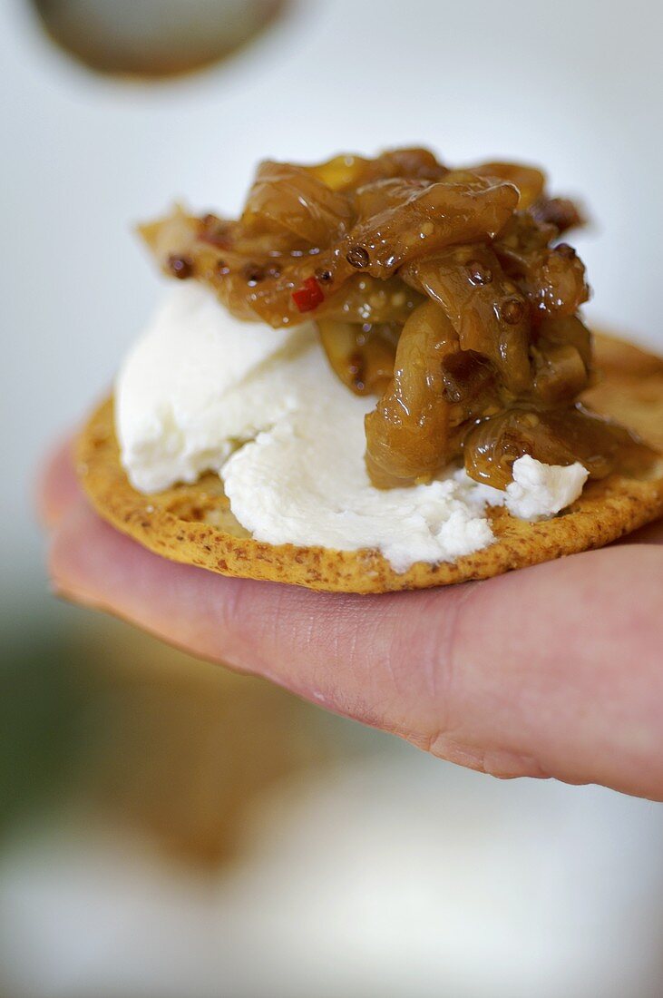 Soft cheese and onion relish on a cracker (UK)