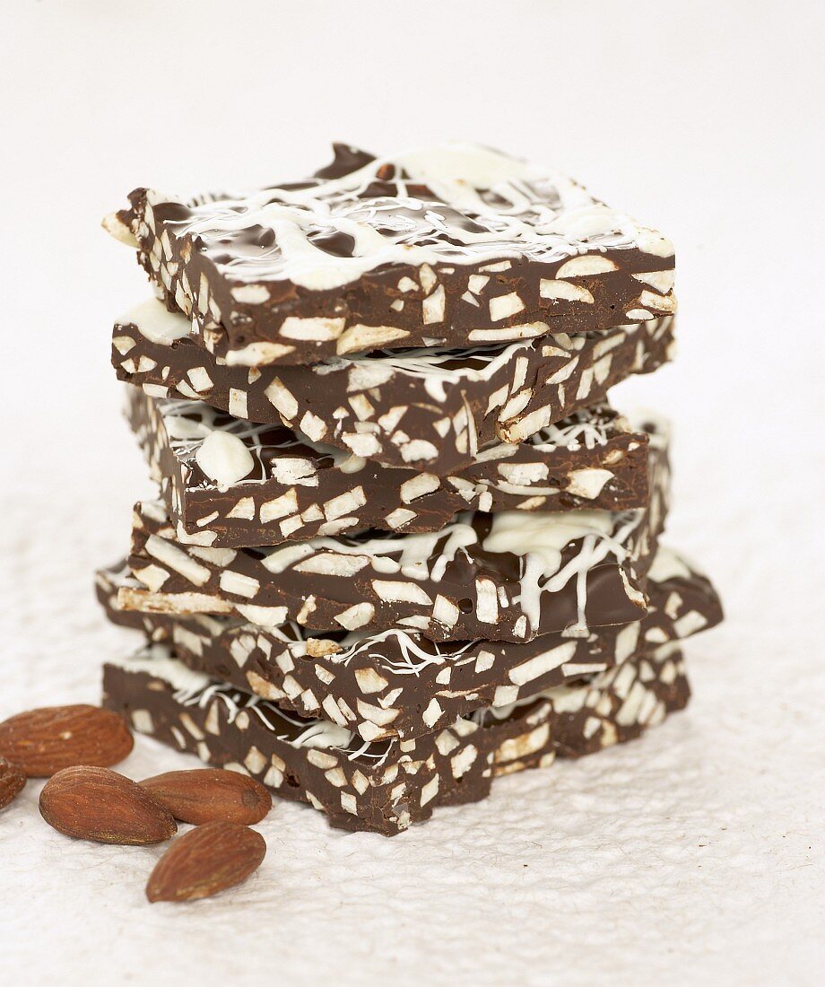 Pieces of almond chocolate, stacked
