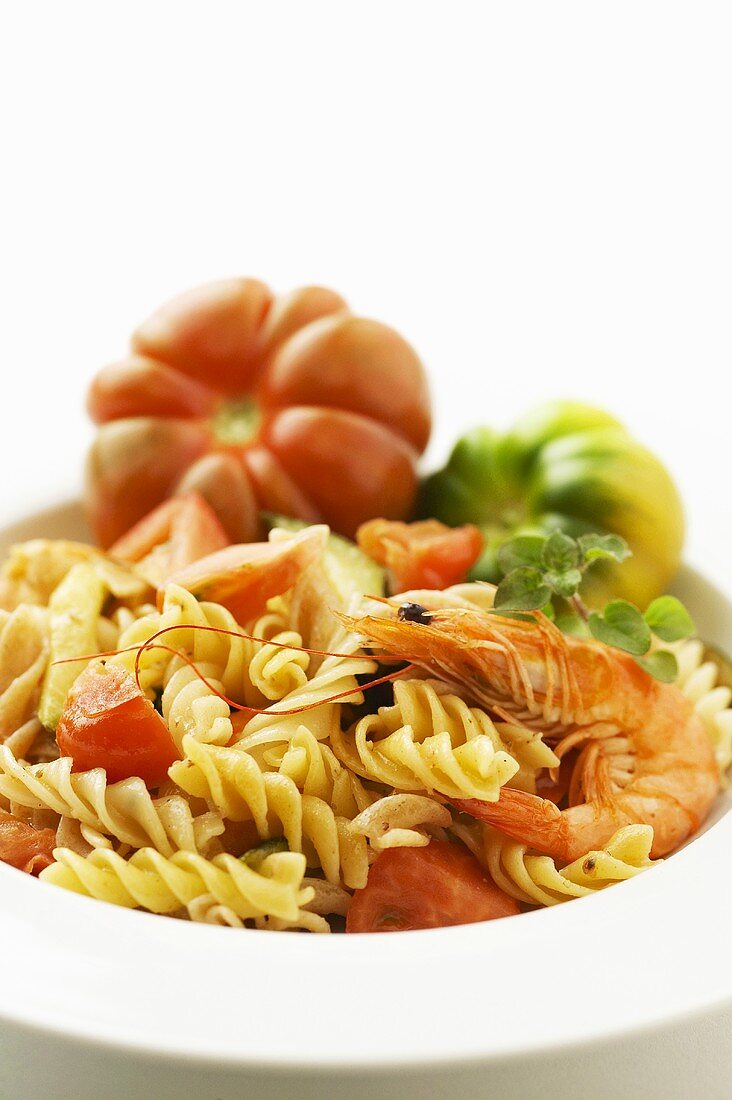 Fusilli with prawns, tomatoes and courgette