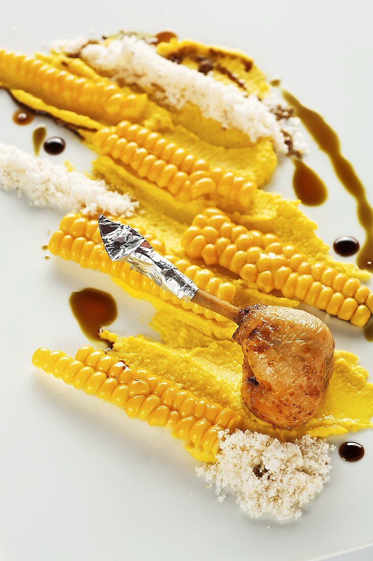 Corn-fed chicken on corn with balsamic vinegar & pumpkin seed oil