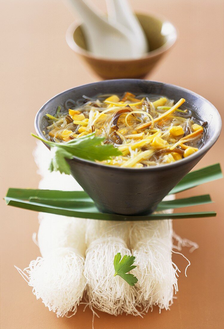 Glass noodle soup with sweetcorn and shiitake mushrooms