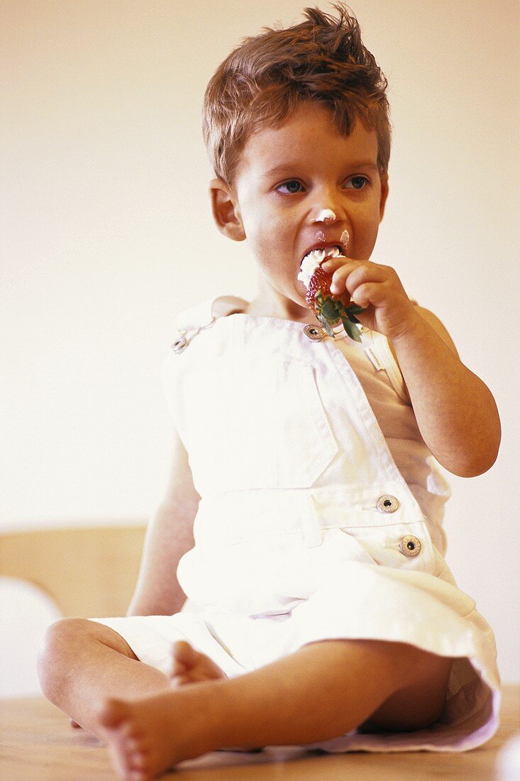 Kleiner Junge sitzt auf Tisch und isst Erdbeere mit Sahne