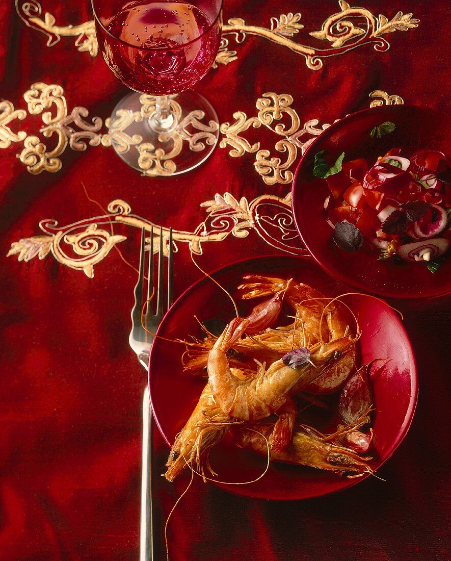 Fried prawns with tomato salad