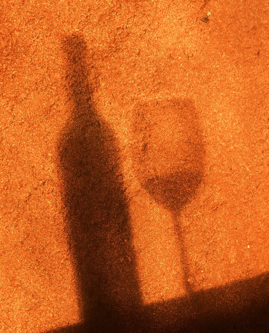 Schatten von Weinflasche und -glas vor Sandsteinmauer