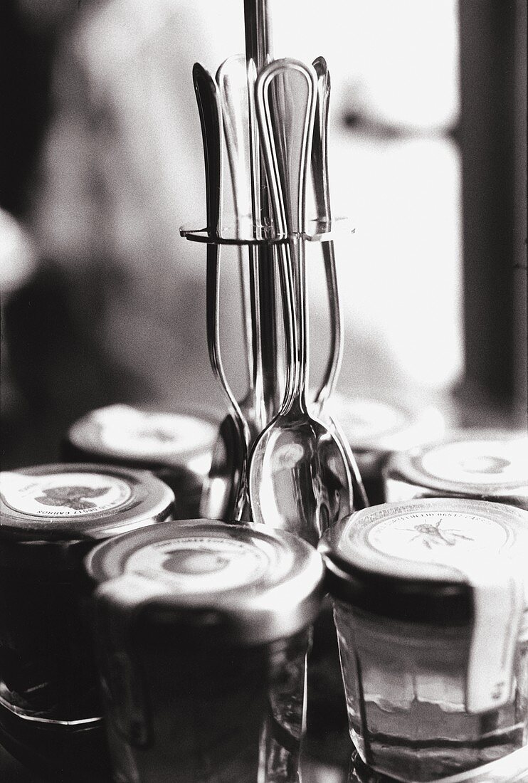 Jam jars and spoon on a tray (black and white photo)