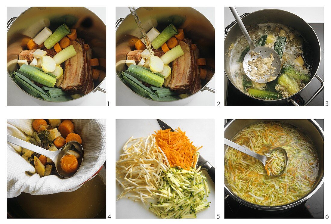 Making meat broth with vegetable strips