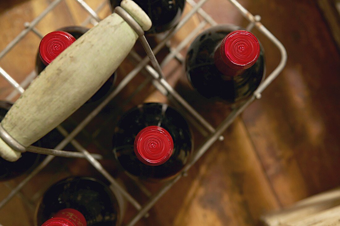Wine bottles in a bottle basket