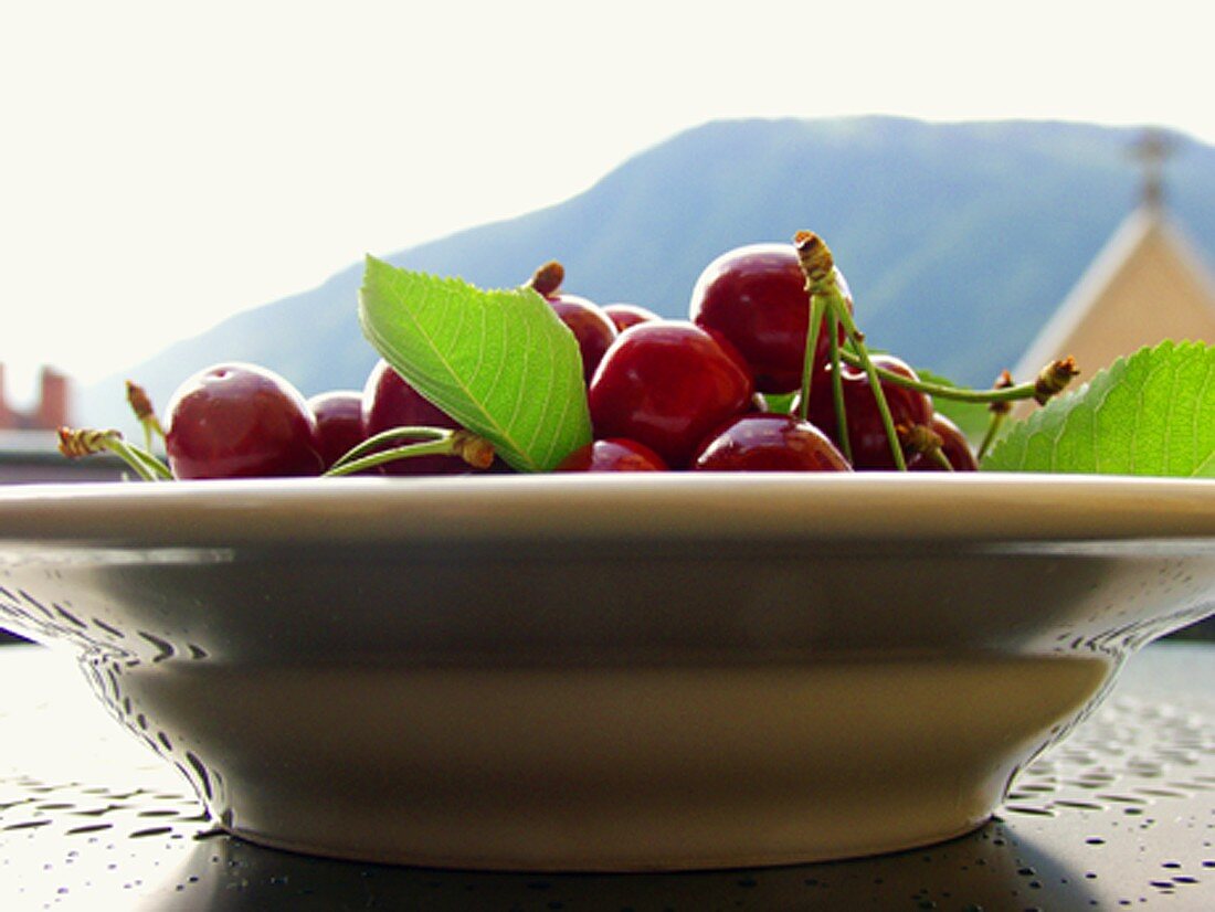Cherries with leaves on plate against mountain backdrop