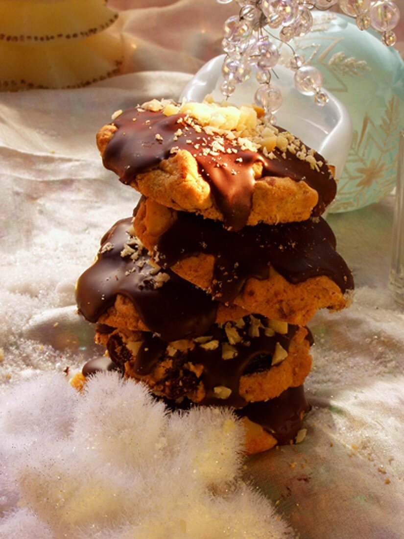 Chocolate biscuits with nuts in a pile