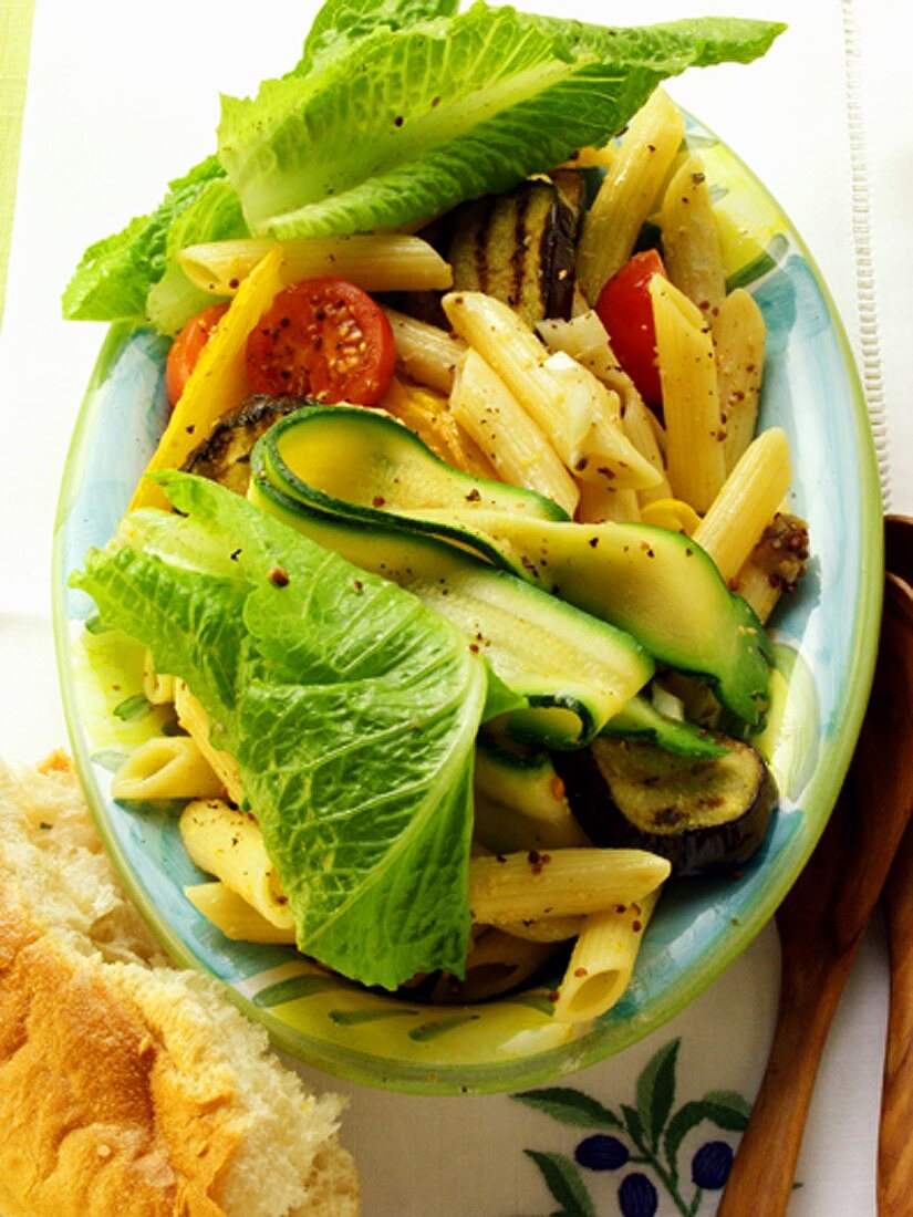 Pasta salad with barbecued aubergines & romaine lettuce
