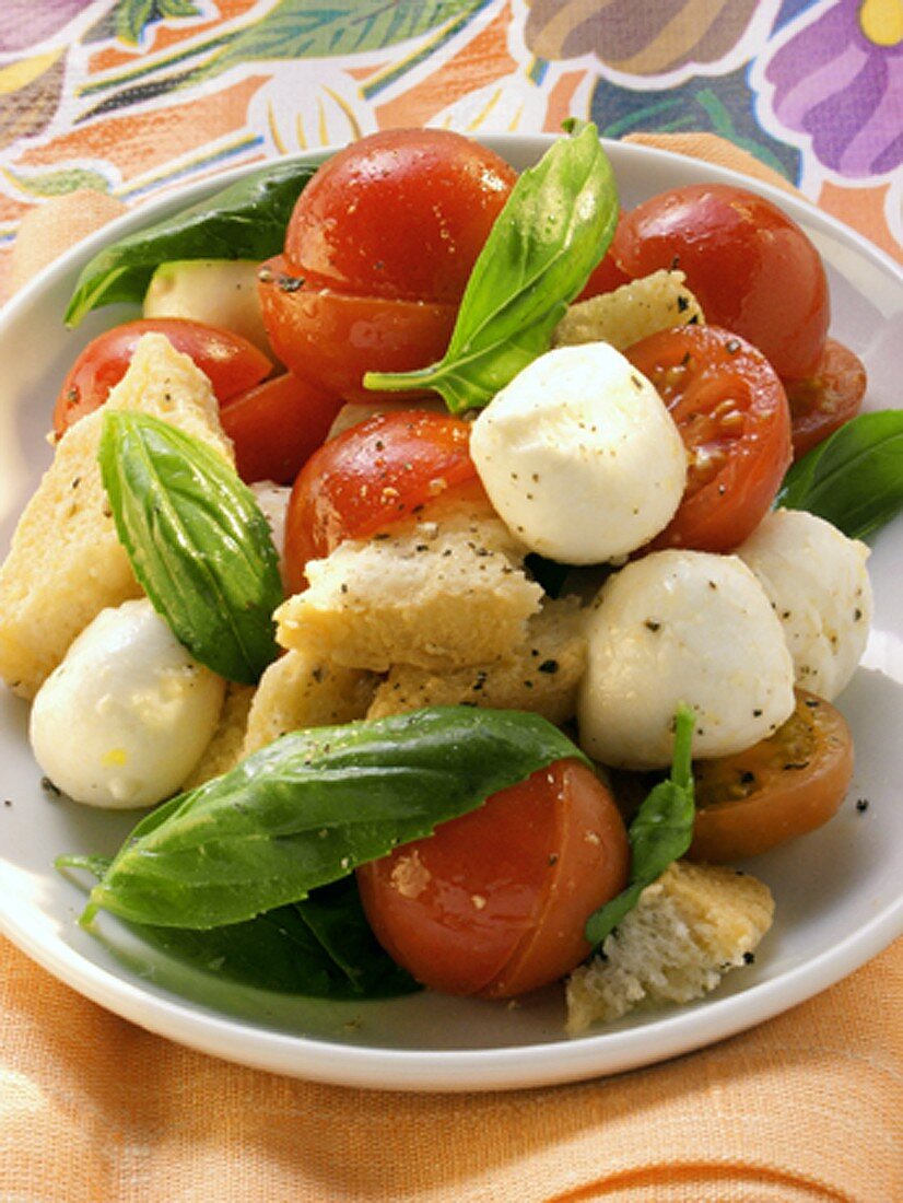 Brotsalat mit Tomaten, Mozzarella und Basilikum
