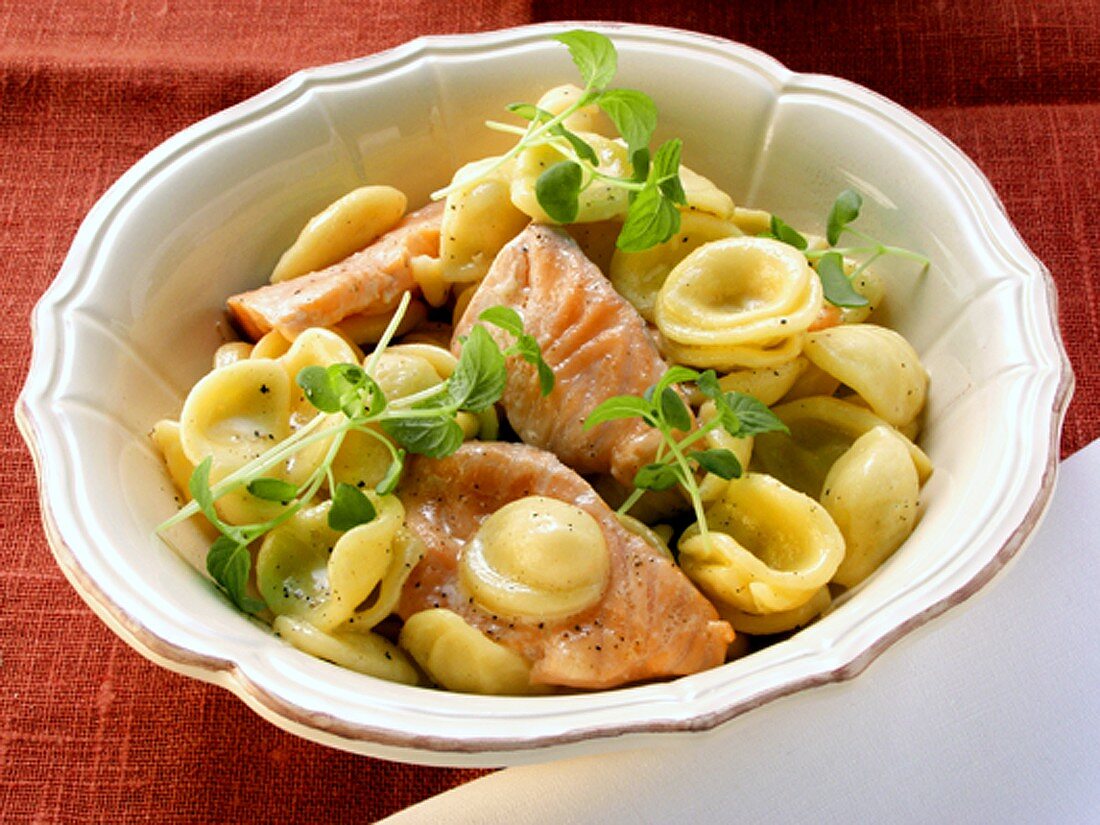 Orecchiette with salmon and cress