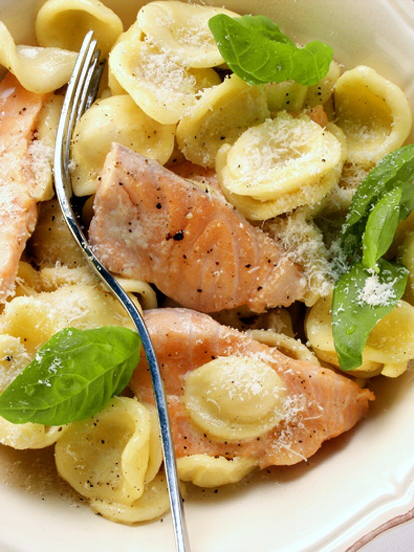 Orecchiette with salmon and basil