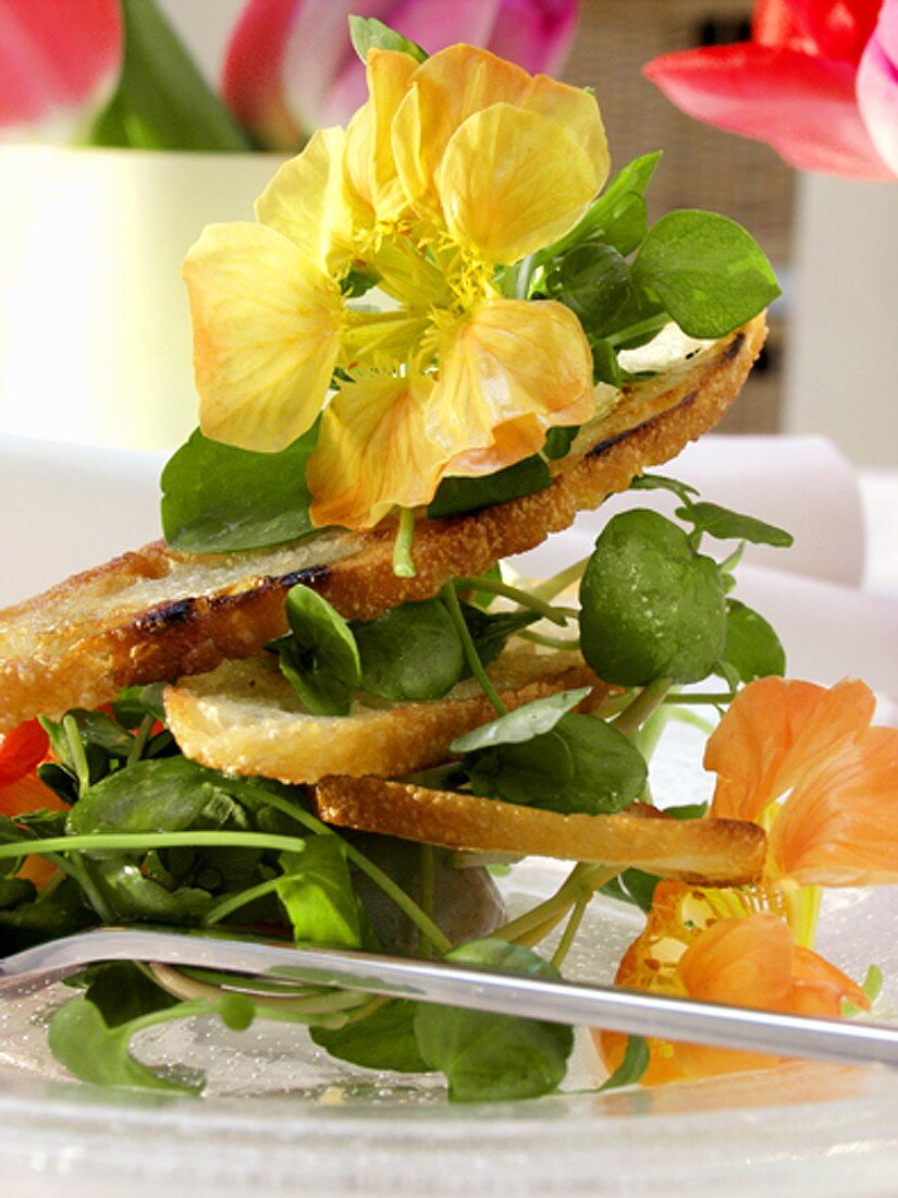 Brunnenkressesalat mit Blüten und geröstetem Brot