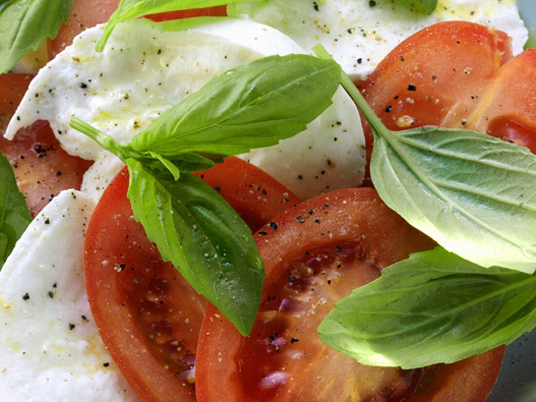 Tomaten mit Mozzarella und Basilikum (Ausschnitt)