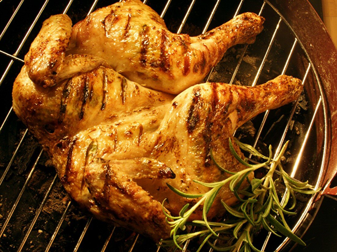 Whole chicken (opened out) on barbecue rack