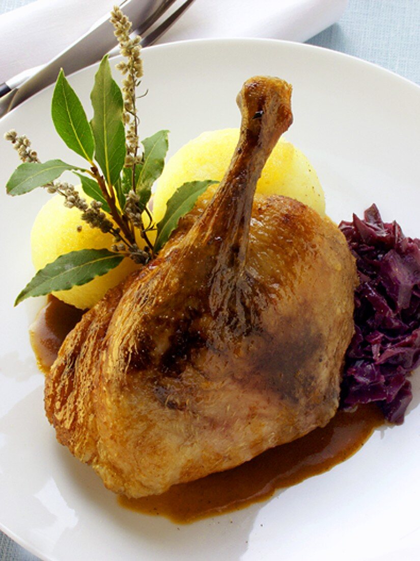 Ente mit Rotkohl, Kartoffelknödel, Lorbeer und Beifuss