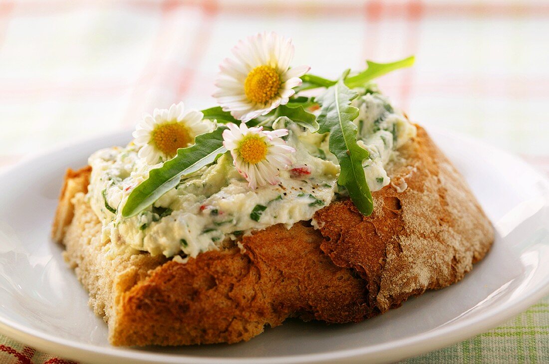 Open sandwich with quark with rocket and daisies