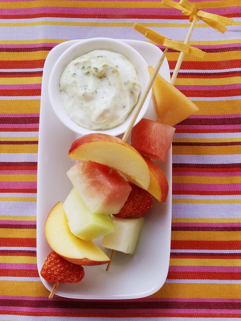 Colourful fruit kebabs with pistachio dip (from above)