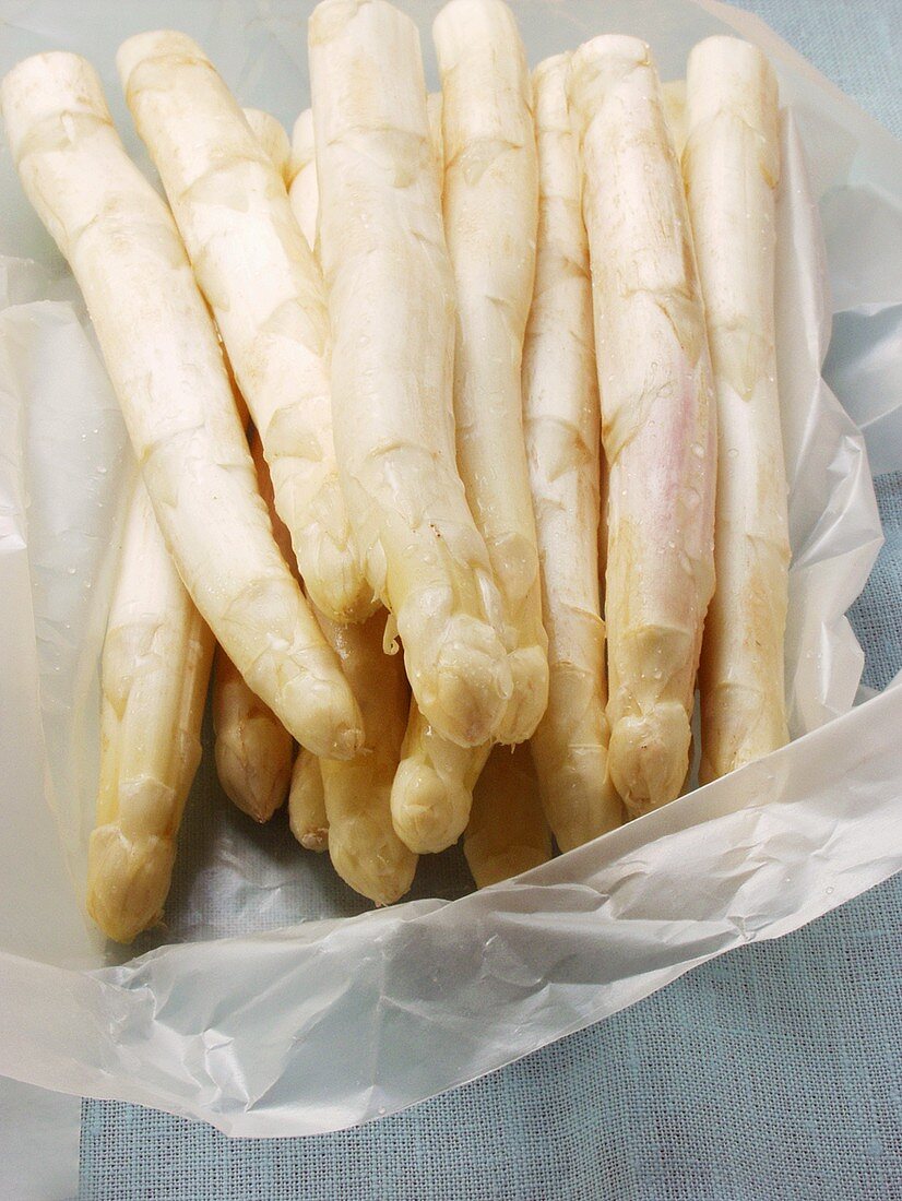White asparagus with drops of water on paper