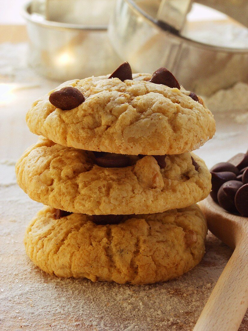 Chocolate chip cookies and baking utensils