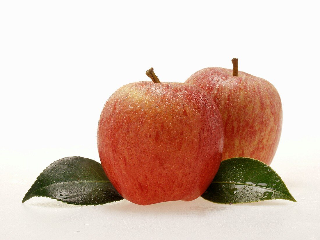 Two red apples with leaves and drops of water