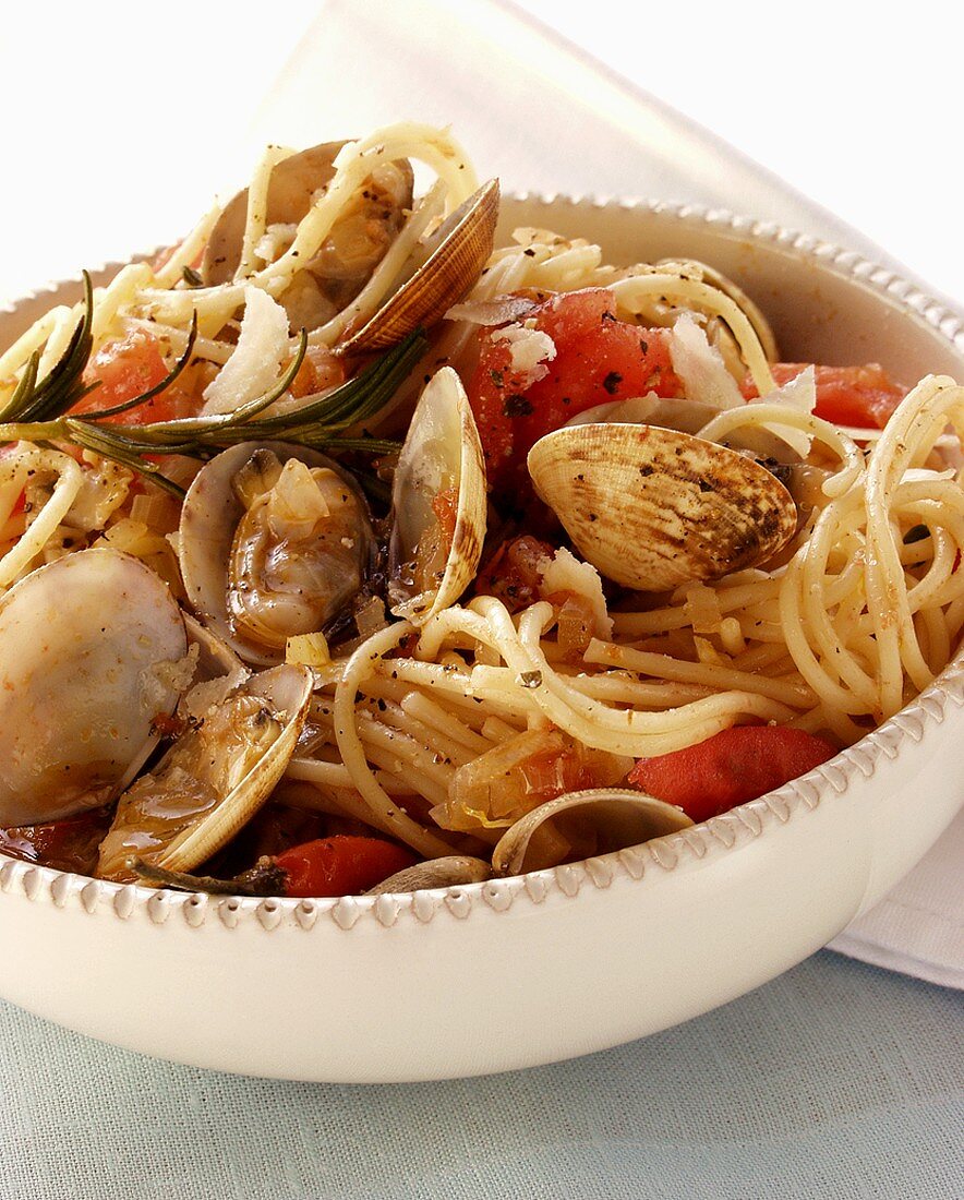 Spaghetti vongole with tomatoes and Parmesan