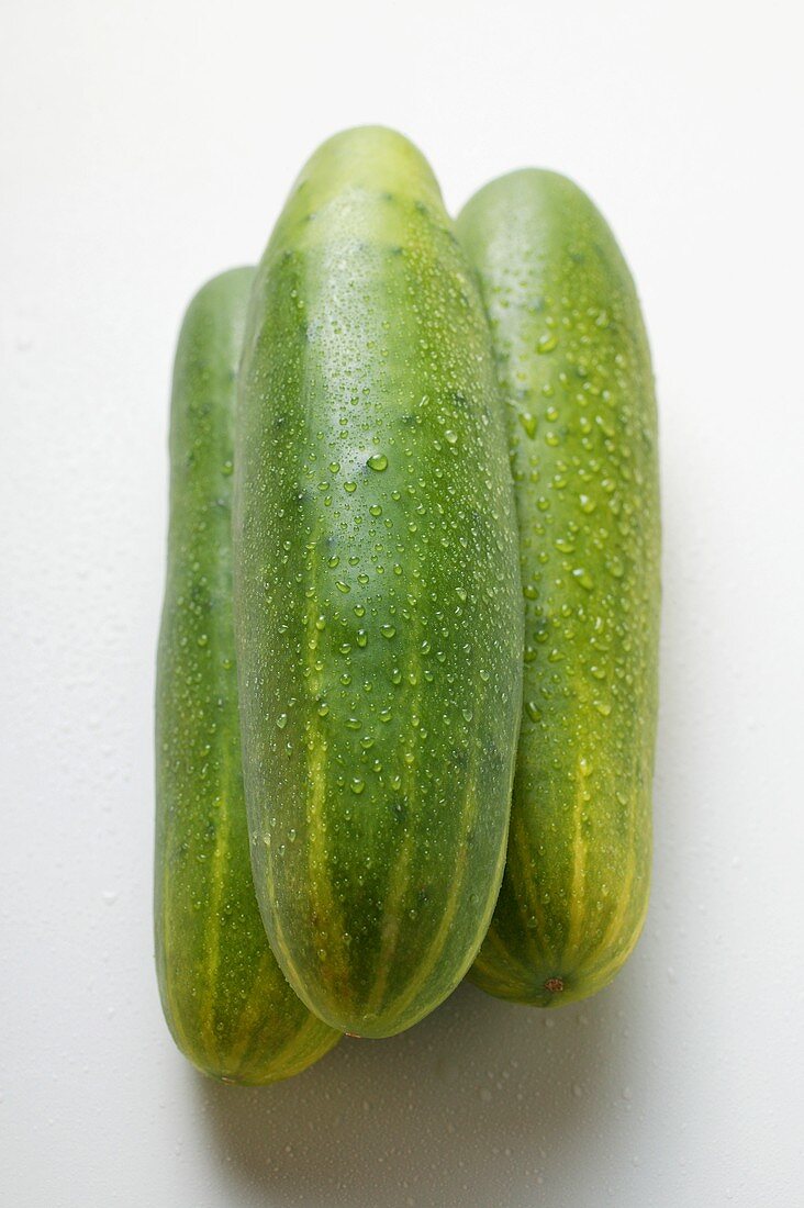 Three fresh cucumbers with drops of water