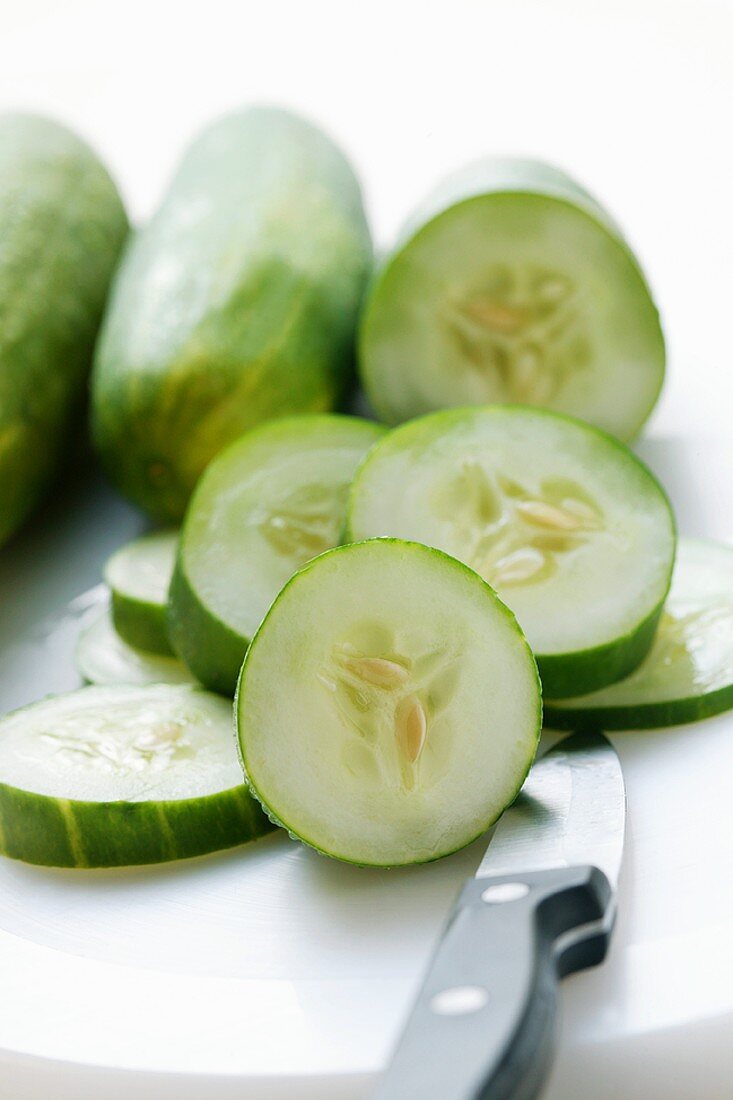 Fresh cucumbers, partly sliced