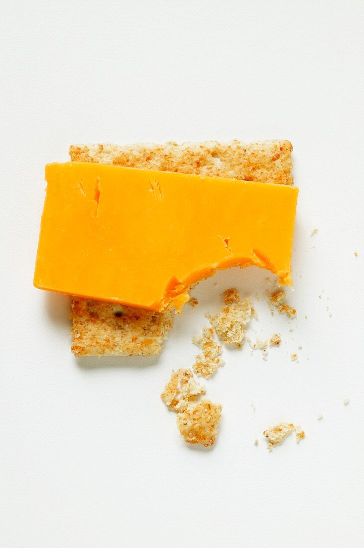 Cracker with Cheddar, a bite taken