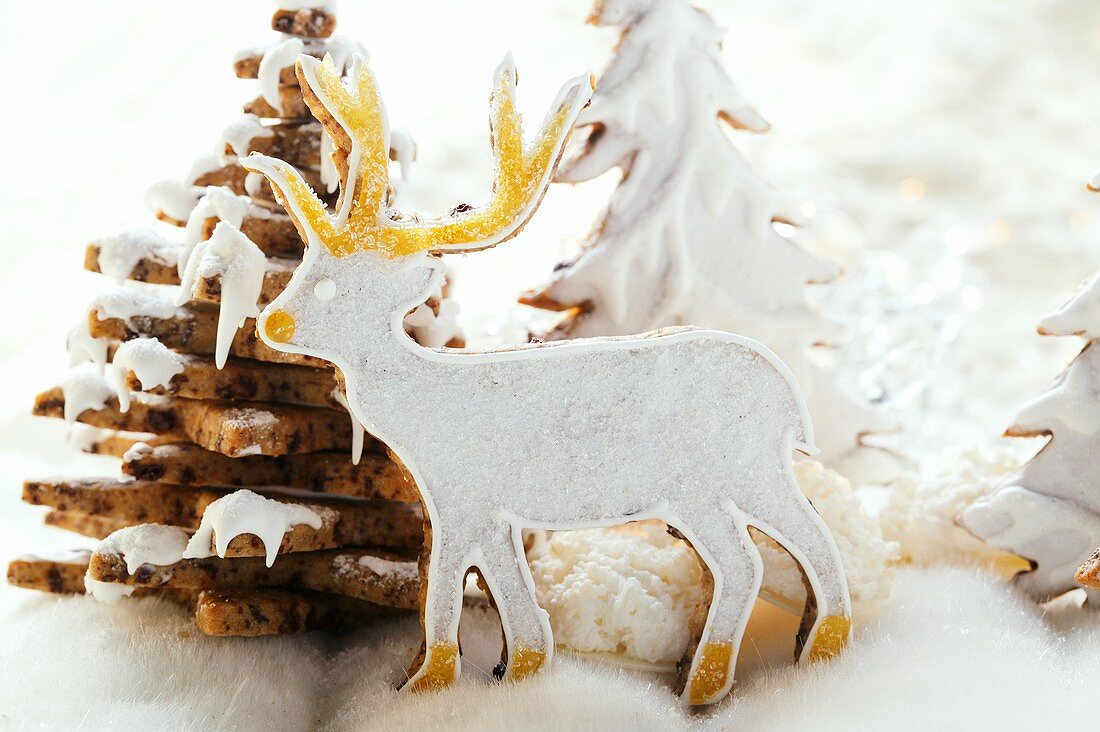 Chocolate stag biscuit in winter forest