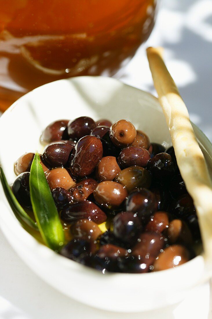 Marinated olives in olive oil