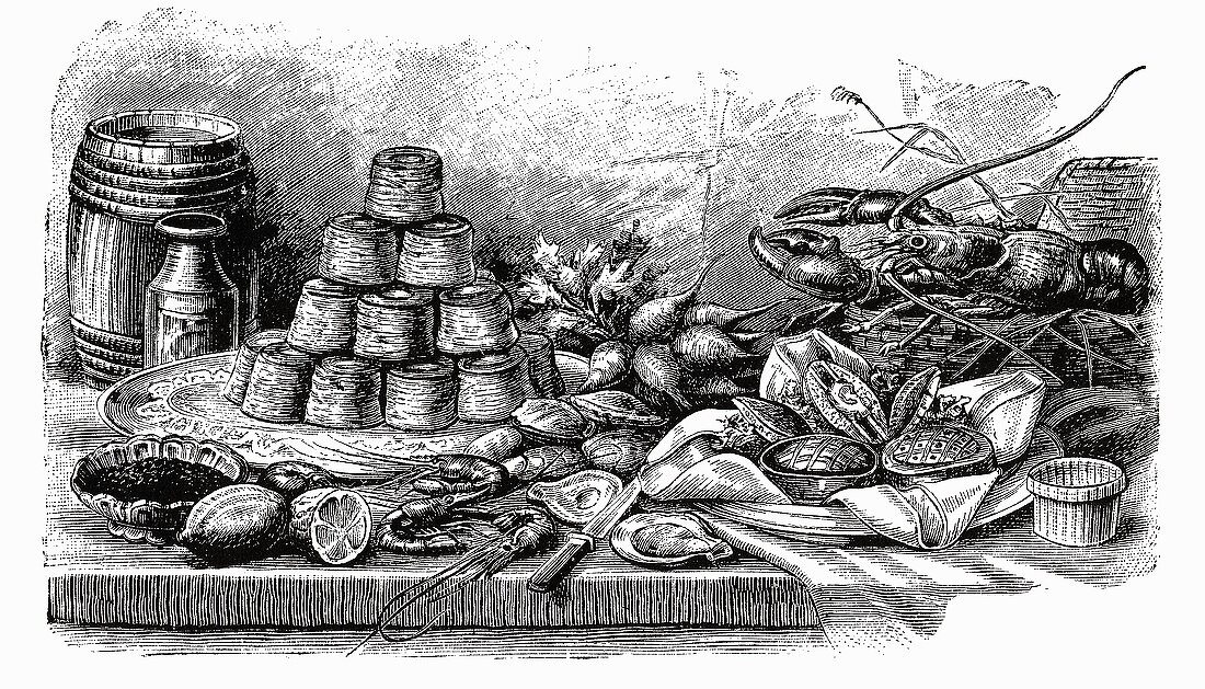 Buffet with pies and seafood (Illustration)