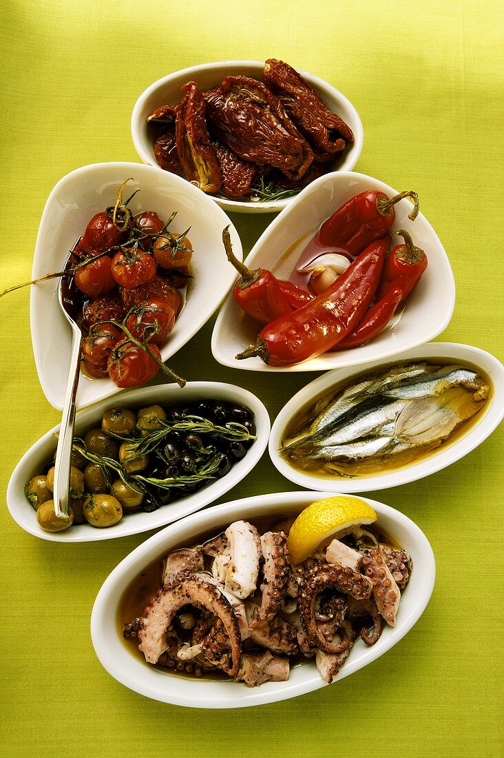 Assorted antipasti: pickled vegetables, fish, octopus